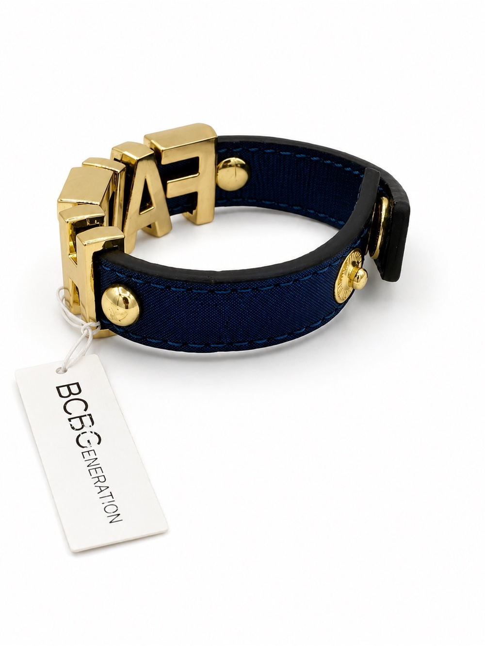 BCBGeneration FAITH Bracelet Gold Letters Navy Blue Faux Leather NWT - Picture 12 of 13